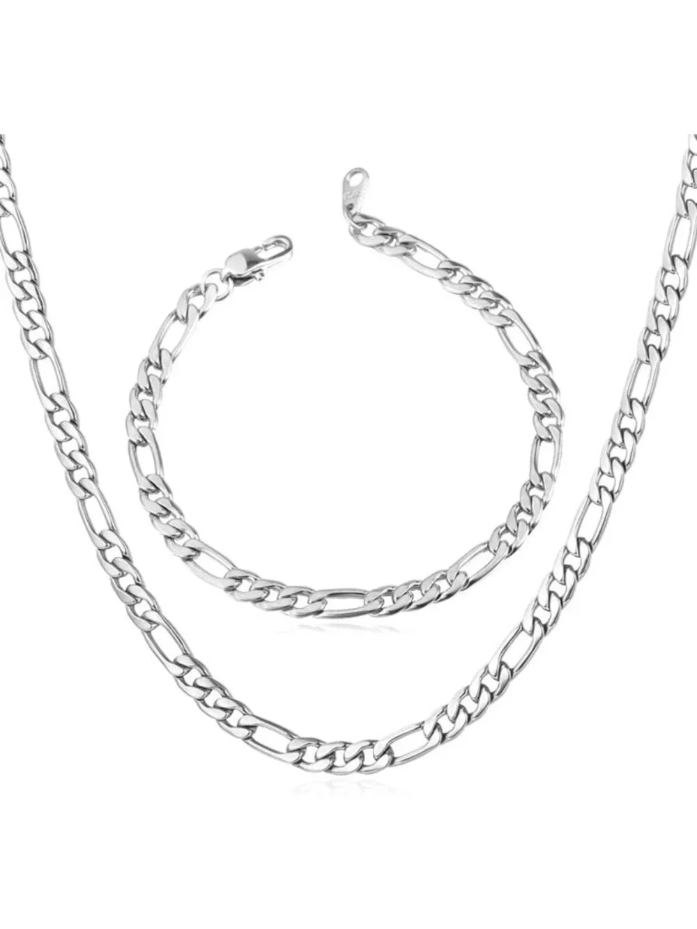 Stylish Stainless Steel Rope & Figaro Chain Necklace Bracelet Set for Men